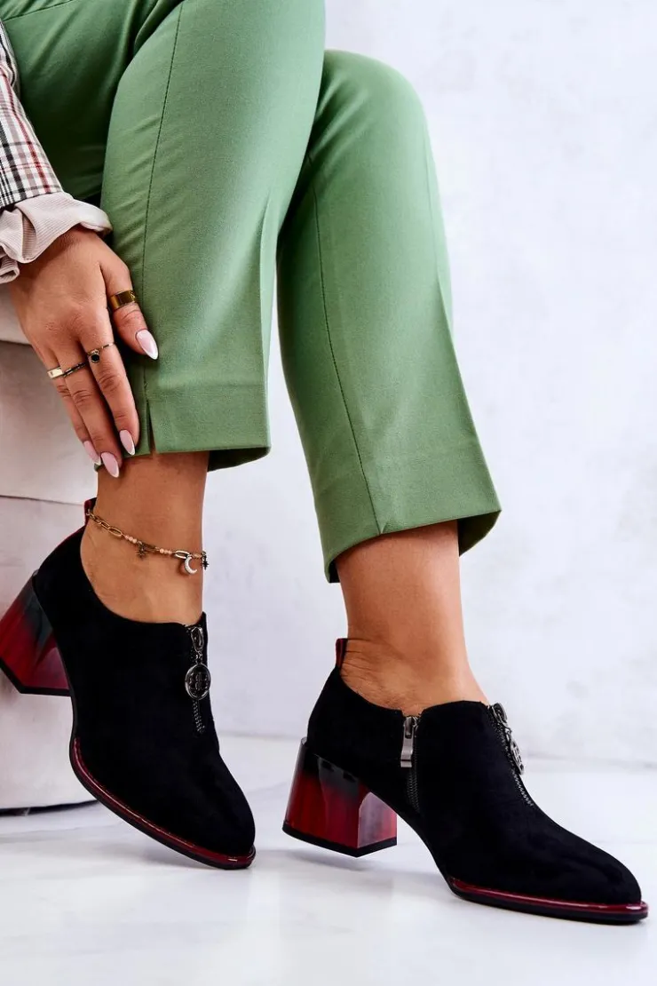 Damskie buty S.Barski Półbuty Lakierowane*Zamszowe Modne Półbuty Na Słupku Czarno-Czerwone Lorena