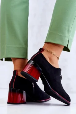 Damskie buty S.Barski Półbuty Lakierowane*Zamszowe Modne Półbuty Na Słupku Czarno-Czerwone Lorena
