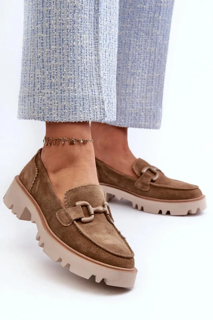 Discount Damskie buty S.Barski Zamszowe Mokasyny Damskie Z Ozdobą D&A TW117 Brązowe Brązowy