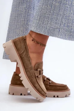 Discount Damskie buty S.Barski Zamszowe Mokasyny Damskie Z Ozdobą D&A TW117 Brązowe Brązowy