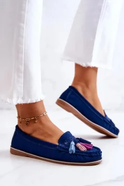 Evento Loafersy Damskie|Mokasyny Damskie Zamszowe*Zamszowe Mokasyny Damskie Z Frędzlami Granatowe Laressa