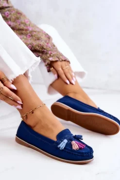 Evento Loafersy Damskie|Mokasyny Damskie Zamszowe*Zamszowe Mokasyny Damskie Z Frędzlami Granatowe Laressa