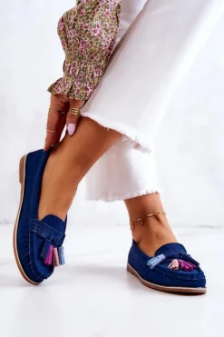 Evento Loafersy Damskie|Mokasyny Damskie Zamszowe*Zamszowe Mokasyny Damskie Z Frędzlami Granatowe Laressa