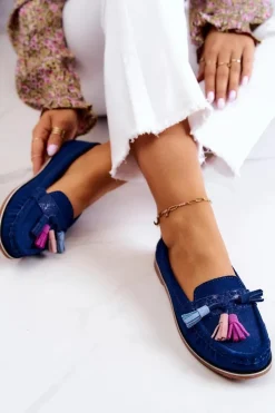 Evento Loafersy Damskie|Mokasyny Damskie Zamszowe*Zamszowe Mokasyny Damskie Z Frędzlami Granatowe Laressa