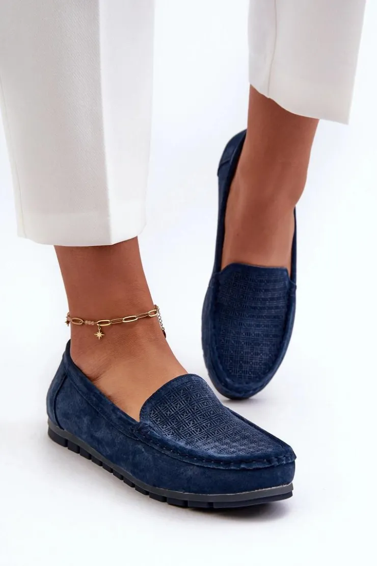 Damskie buty S.Barski Loafersy Damskie|Mokasyny Damskie Skórzane*Zamszowe Mokasyny Damskie Granatowe S.Barski LR755 Niebieski
