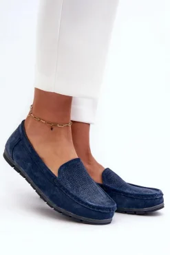 Damskie buty S.Barski Loafersy Damskie|Mokasyny Damskie Skórzane*Zamszowe Mokasyny Damskie Granatowe S.Barski LR755 Niebieski