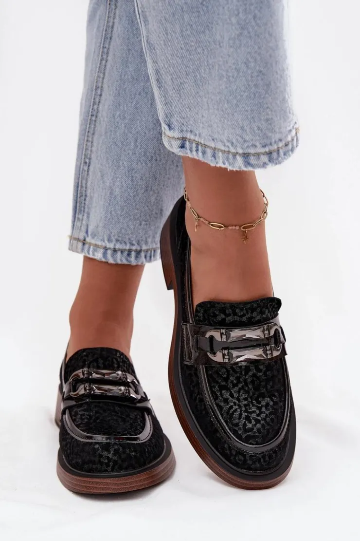 Damskie D&A Zamszowe Mokasyny Damskie Z Ozdobą MR52-176 Czarne