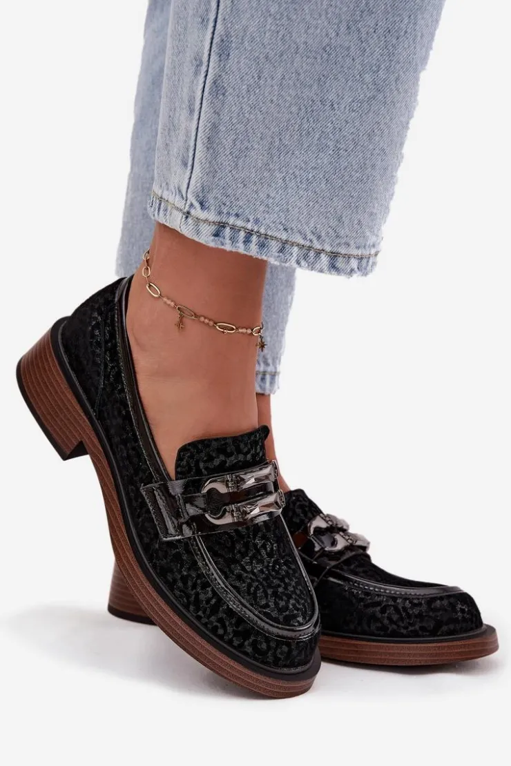 Damskie D&A Zamszowe Mokasyny Damskie Z Ozdobą MR52-176 Czarne