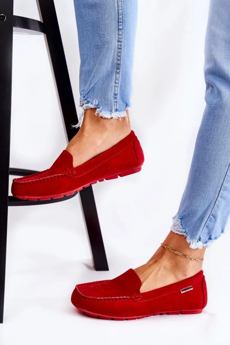 New Boto Zamszowe Mokasyny Damskie Czerwone Millare