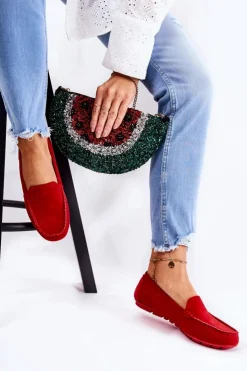 New Boto Zamszowe Mokasyny Damskie Czerwone Millare