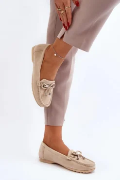 Clearance Boto Zamszowe Mokasyny Damskie Ozdobą Beżowe Daphikaia