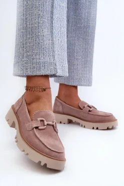 Damskie Damskie buty S.Barski Zamszowe Mokasyny Damskie Z Ozdobą D&A TW117 Różowe