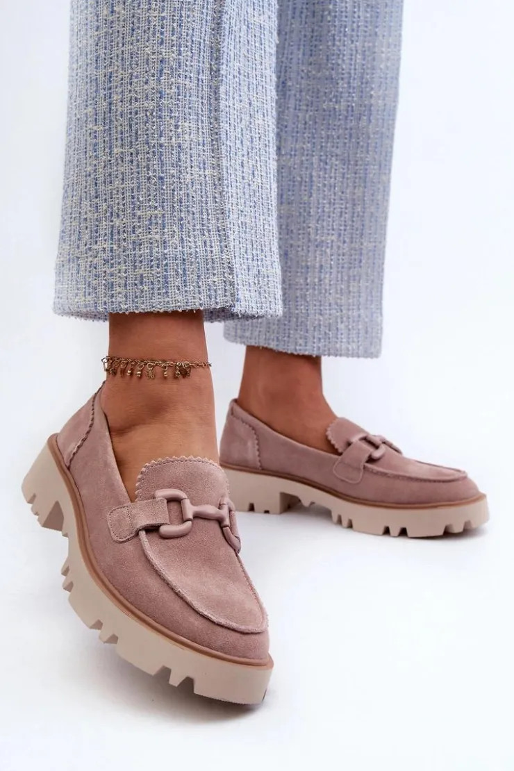 Damskie Damskie buty S.Barski Zamszowe Mokasyny Damskie Z Ozdobą D&A TW117 Różowe