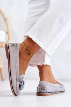 Damskie Evento Zamszowe Mokasyny Damskie Z Frędzlami Szare Laressa