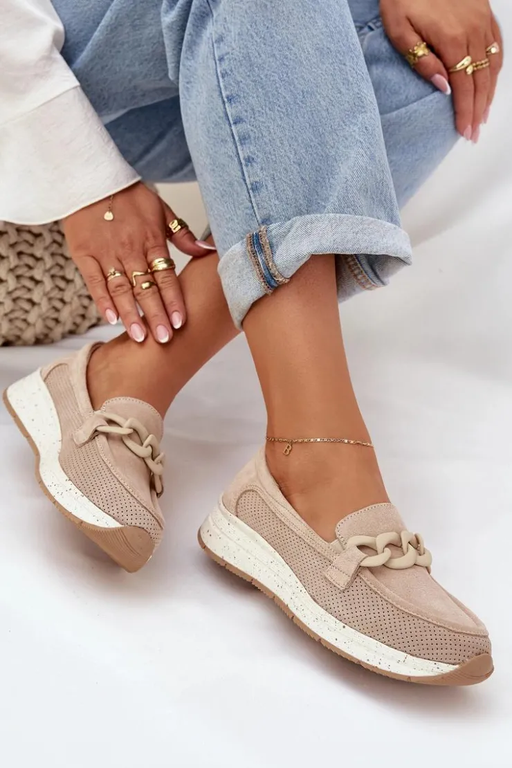 Damskie Damskie buty S.Barski Zamszowe Mokasyny Na Platformie Z Łańcuchem D&A TW552 Beżowe