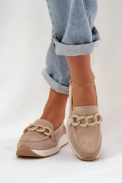 Damskie Damskie buty S.Barski Zamszowe Mokasyny Na Platformie Z Łańcuchem D&A TW552 Beżowe