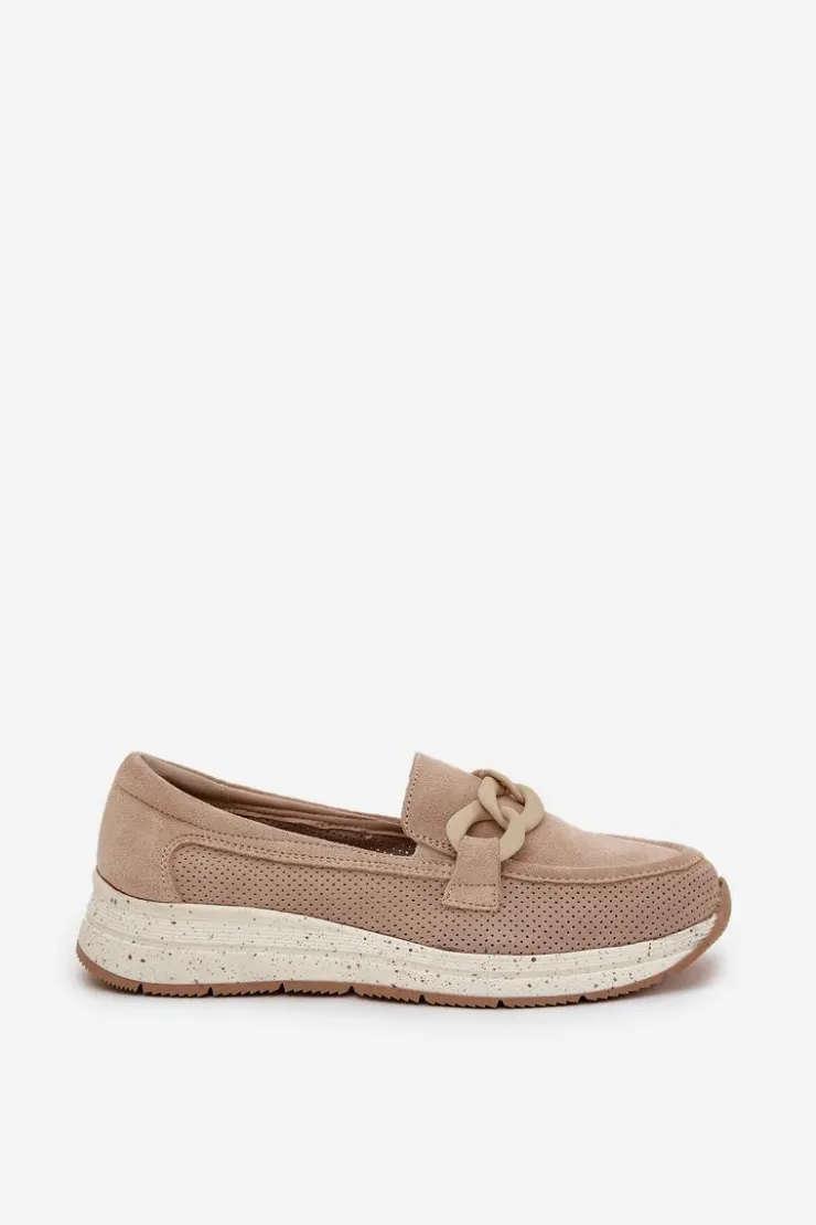 Damskie Damskie buty S.Barski Zamszowe Mokasyny Na Platformie Z Łańcuchem D&A TW552 Beżowe