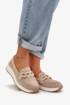 Damskie Damskie buty S.Barski Zamszowe Mokasyny Na Platformie Z Łańcuchem D&A TW552 Beżowe