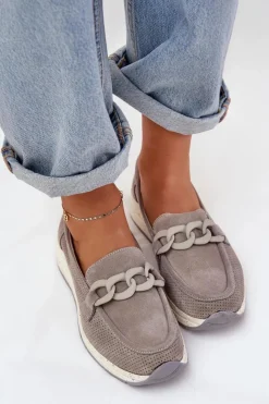 Damskie Damskie buty S.Barski Zamszowe Mokasyny Na Platformie Z Łańcuchem D&A TW552 Szare