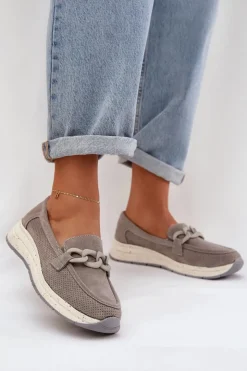 Damskie Damskie buty S.Barski Zamszowe Mokasyny Na Platformie Z Łańcuchem D&A TW552 Szare