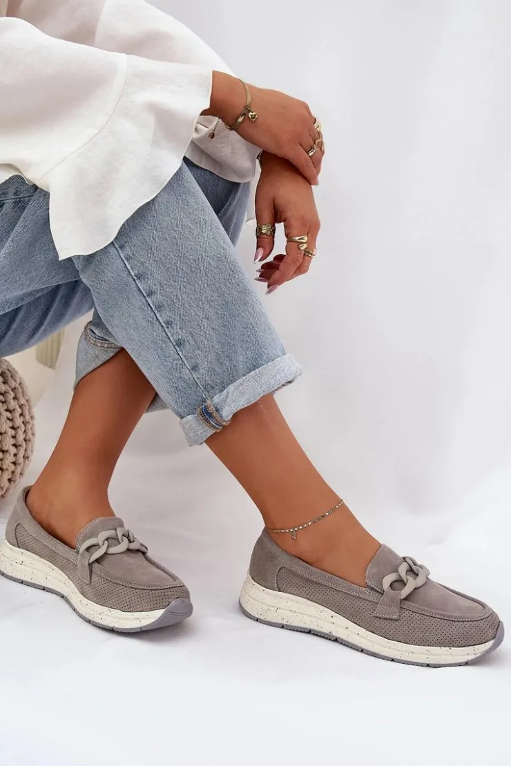 Damskie Damskie buty S.Barski Zamszowe Mokasyny Na Platformie Z Łańcuchem D&A TW552 Szare