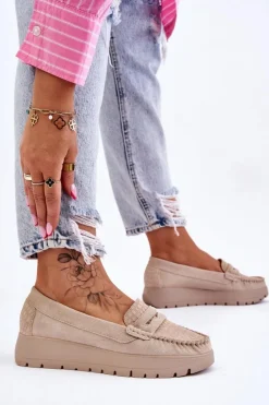 Damskie Boto Zamszowe Mokasyny Na Platformie Jasnobeżowe Lemar Milana