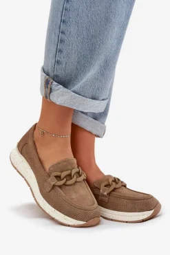 New Damskie buty S.Barski Zamszowe Mokasyny Na Platformie Z Łańcuchem D&A TW552 Brązowe