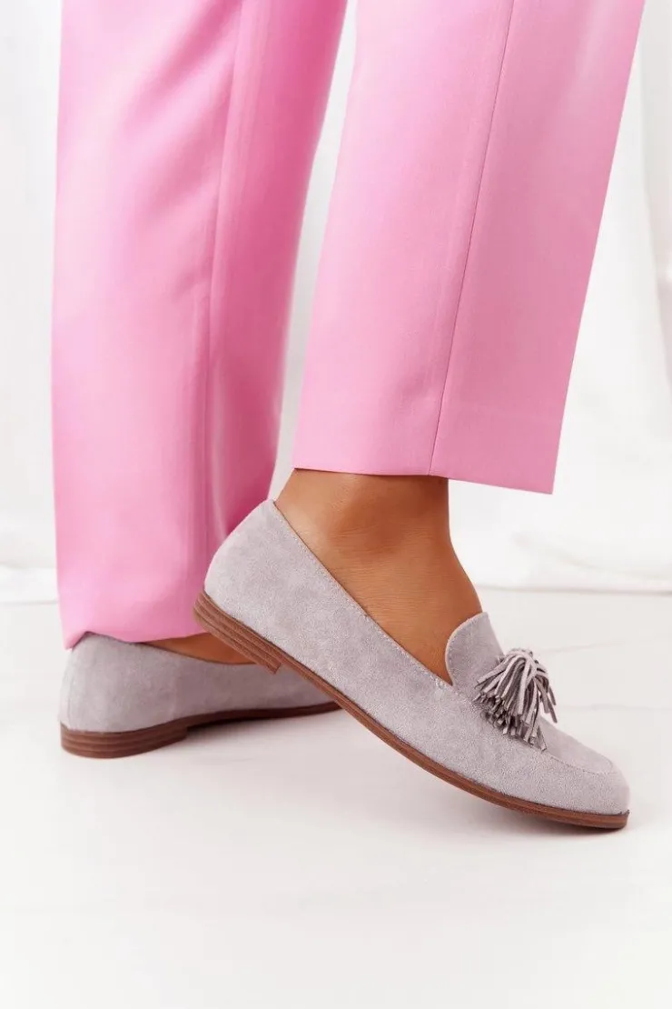 Evento Mokasyny Damskie Zamszowe*Zamszowe Mokasyny Z Frędzlami Szare Alicante