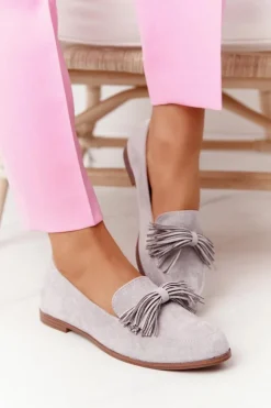 Evento Mokasyny Damskie Zamszowe*Zamszowe Mokasyny Z Frędzlami Szare Alicante