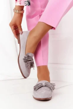 Evento Mokasyny Damskie Zamszowe*Zamszowe Mokasyny Z Frędzlami Szare Alicante