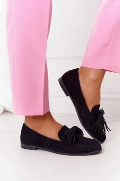Evento Mokasyny Damskie Zamszowe*Zamszowe Mokasyny Z Frędzlami Czarne Alicante