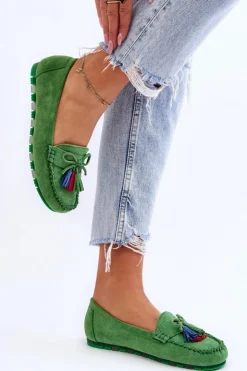 Boto Loafersy Damskie|Mokasyny Damskie Zamszowe*Zamszowe Mokasyny Z Kokardą I Frędzlami Zielone Dorine