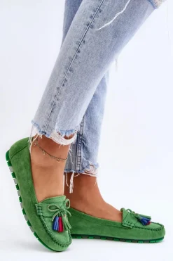 Boto Loafersy Damskie|Mokasyny Damskie Zamszowe*Zamszowe Mokasyny Z Kokardą I Frędzlami Zielone Dorine