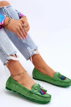 Boto Loafersy Damskie|Mokasyny Damskie Zamszowe*Zamszowe Mokasyny Z Kokardą I Frędzlami Zielone Dorine