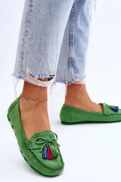 Boto Loafersy Damskie|Mokasyny Damskie Zamszowe*Zamszowe Mokasyny Z Kokardą I Frędzlami Zielone Dorine