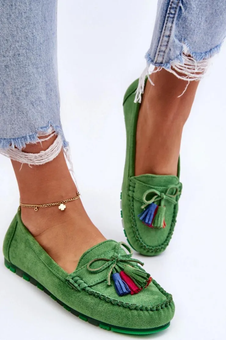 Boto Loafersy Damskie|Mokasyny Damskie Zamszowe*Zamszowe Mokasyny Z Kokardą I Frędzlami Zielone Dorine