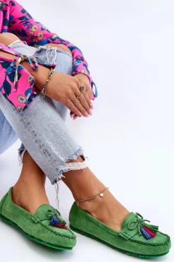Boto Loafersy Damskie|Mokasyny Damskie Zamszowe*Zamszowe Mokasyny Z Kokardą I Frędzlami Zielone Dorine