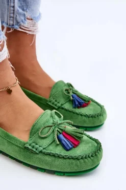 Boto Loafersy Damskie|Mokasyny Damskie Zamszowe*Zamszowe Mokasyny Z Kokardą I Frędzlami Zielone Dorine
