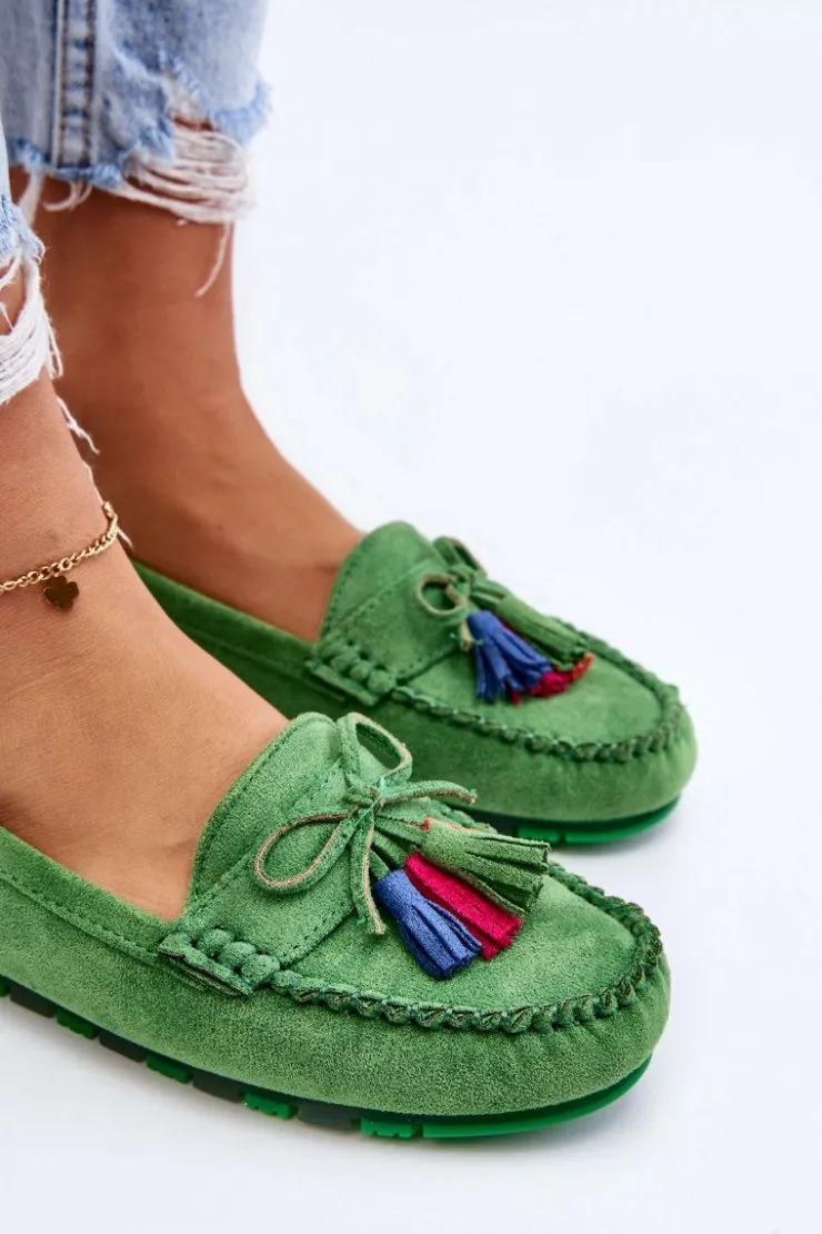 Boto Loafersy Damskie|Mokasyny Damskie Zamszowe*Zamszowe Mokasyny Z Kokardą I Frędzlami Zielone Dorine