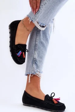 Boto Loafersy Damskie|Mokasyny Damskie Zamszowe*Zamszowe Mokasyny Z Kokardą I Frędzlami Czarne Dorine Czarny