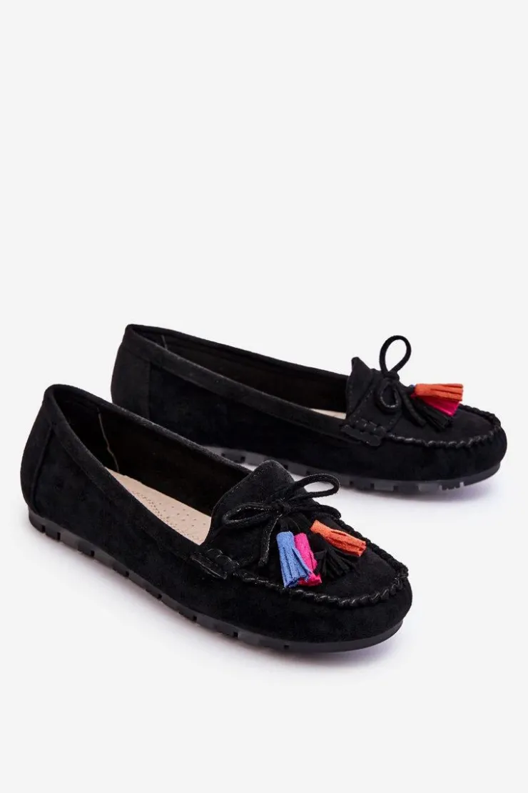 Boto Loafersy Damskie|Mokasyny Damskie Zamszowe*Zamszowe Mokasyny Z Kokardą I Frędzlami Czarne Dorine Czarny