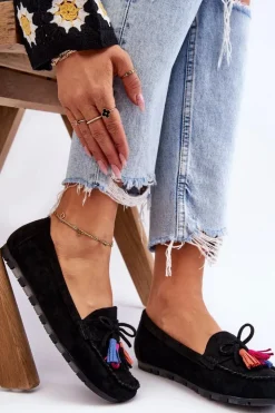 Boto Loafersy Damskie|Mokasyny Damskie Zamszowe*Zamszowe Mokasyny Z Kokardą I Frędzlami Czarne Dorine Czarny