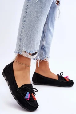 Boto Loafersy Damskie|Mokasyny Damskie Zamszowe*Zamszowe Mokasyny Z Kokardą I Frędzlami Czarne Dorine Czarny