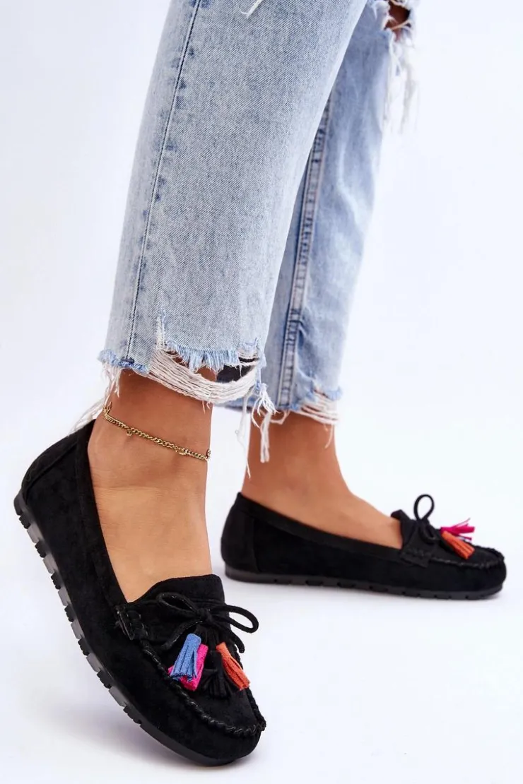 Boto Loafersy Damskie|Mokasyny Damskie Zamszowe*Zamszowe Mokasyny Z Kokardą I Frędzlami Czarne Dorine Czarny