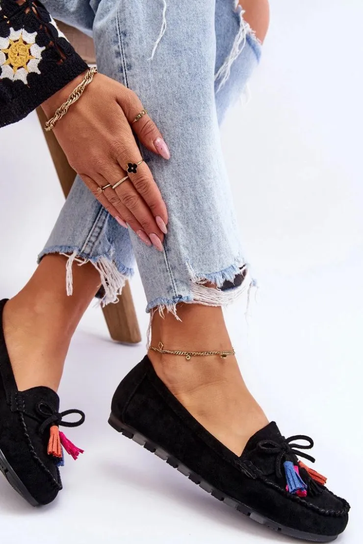 Boto Loafersy Damskie|Mokasyny Damskie Zamszowe*Zamszowe Mokasyny Z Kokardą I Frędzlami Czarne Dorine Czarny