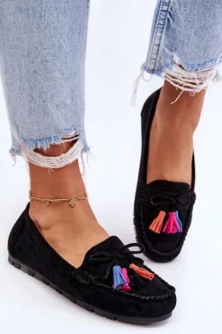 Boto Loafersy Damskie|Mokasyny Damskie Zamszowe*Zamszowe Mokasyny Z Kokardą I Frędzlami Czarne Dorine Czarny