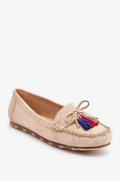 Boto Loafersy Damskie|Mokasyny Damskie Zamszowe*Zamszowe Mokasyny Z Kokardą I Frędzlami Beżowe Dorine Beżowy