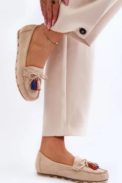 Boto Loafersy Damskie|Mokasyny Damskie Zamszowe*Zamszowe Mokasyny Z Kokardą I Frędzlami Beżowe Dorine Beżowy