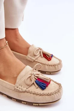 Boto Loafersy Damskie|Mokasyny Damskie Zamszowe*Zamszowe Mokasyny Z Kokardą I Frędzlami Beżowe Dorine Beżowy