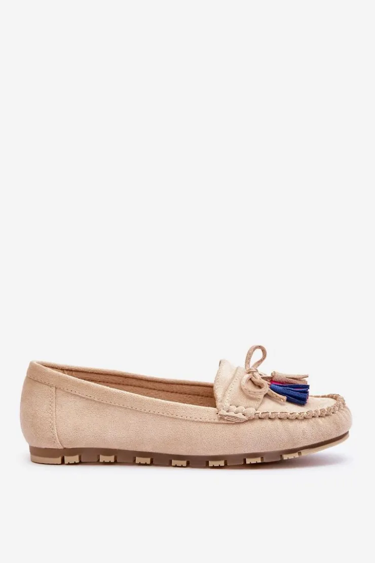 Boto Loafersy Damskie|Mokasyny Damskie Zamszowe*Zamszowe Mokasyny Z Kokardą I Frędzlami Beżowe Dorine Beżowy